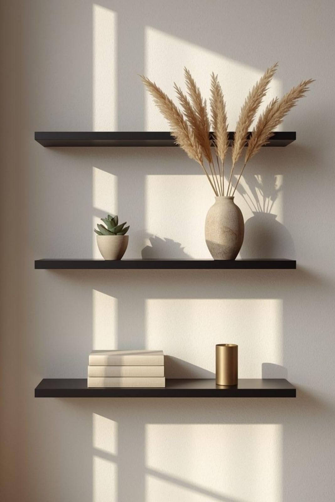 MDF Wood Wall Shelves, Modern Design, Waterproof and Scratch Resistant, 50 x 15 cm, 3 Pieces, with Installation Supplies, for Kitchen, Bedroom, Office (Black)