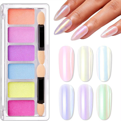 Chrome Nail Powder, 6 Aurora Colors Iridescent Mica Pearl Pigments for Nails Art Decoration, Mica Pearl Powders Kit with 2 Eyeshadow Sticks
