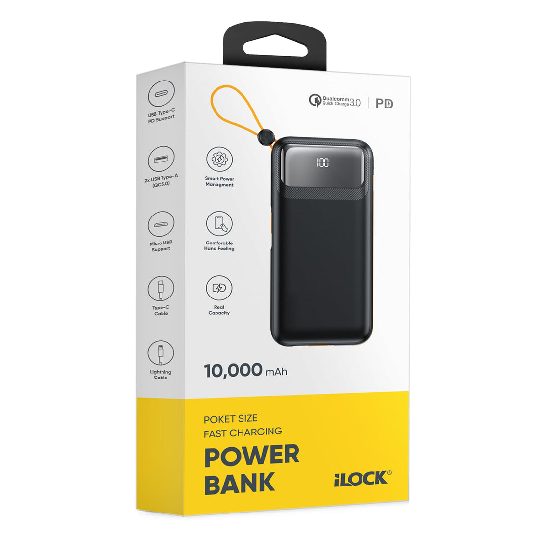 iLOCK Power Bank | Four Ports Fast Charging | High-Capacity Portable Charger | LED Display | Universal Compatibility (Black)