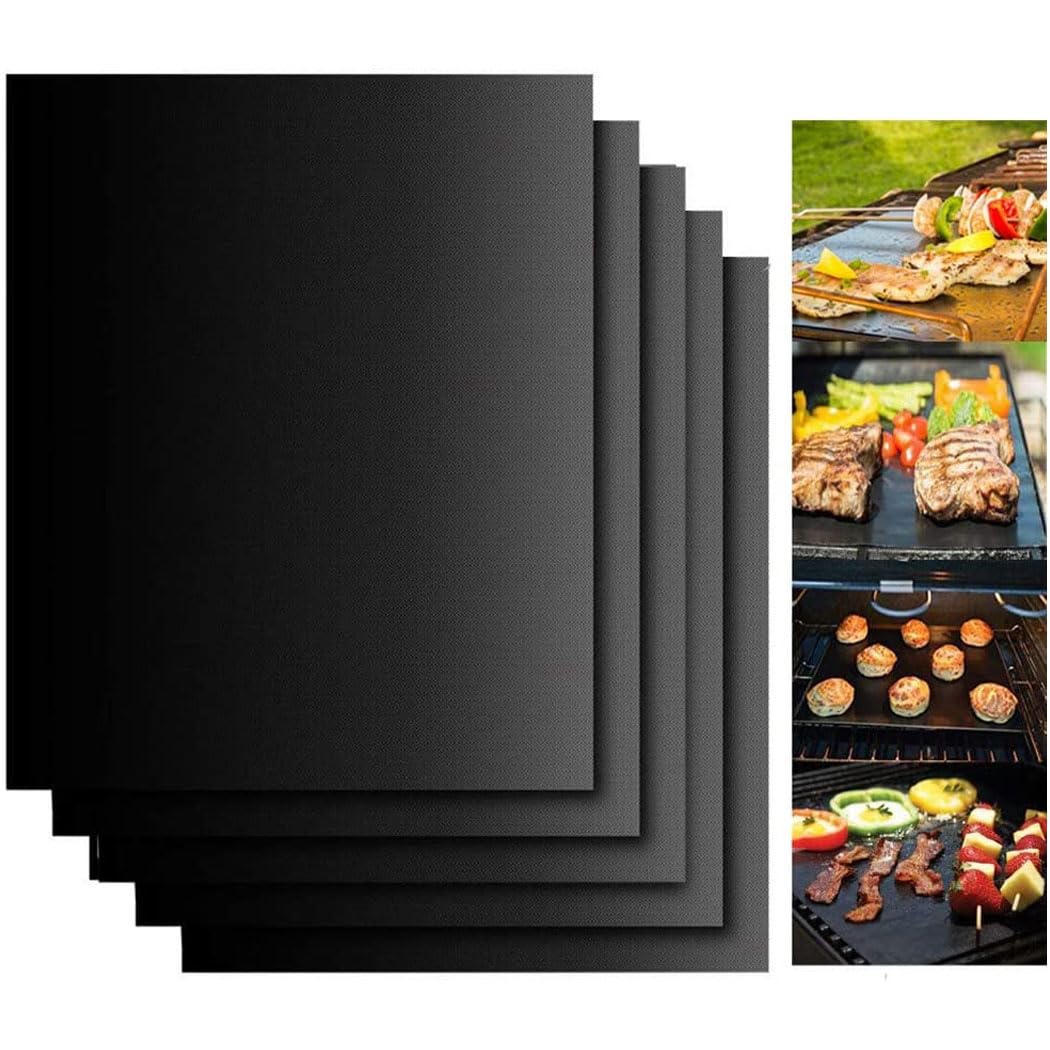 BBQ Grill Mat, 5 bbq Grill Mats Non Stick Reusable and Baking Mesh FDA-Certificated for Indoor Outdoor BBQ Works on Gas Charcoal Electric Grill Sheets 40x33CM (Black)