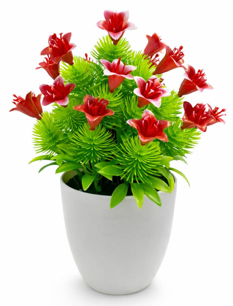 Mini Artificial Plants with White Pot, Modern Home Office Decor, Multiple Colors Artificial Flowers for Table Shelf Kitchen Decoration (Red)