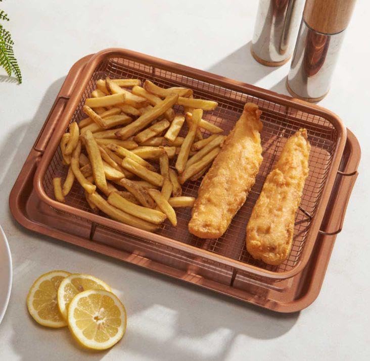 2 in 1 Mesh Oven Tray for Roasting Potatoes & Poultry - Copper Non-Stick Air Fryer Basket with Drip Tray, Oven Crisper Set for Healthy Cooking Without Oil