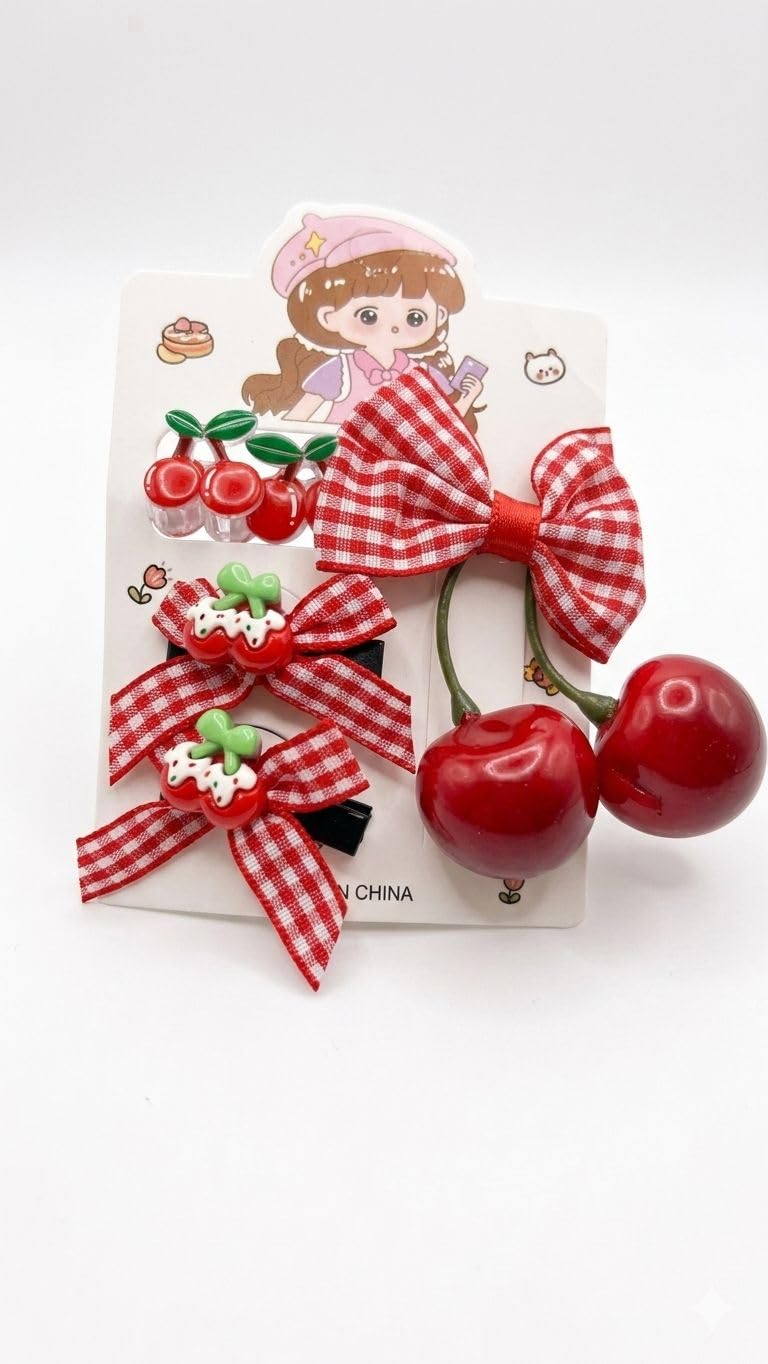Kids Hair Ties Set, Red Cherry Design, Hair Ties with Bow Clips Square