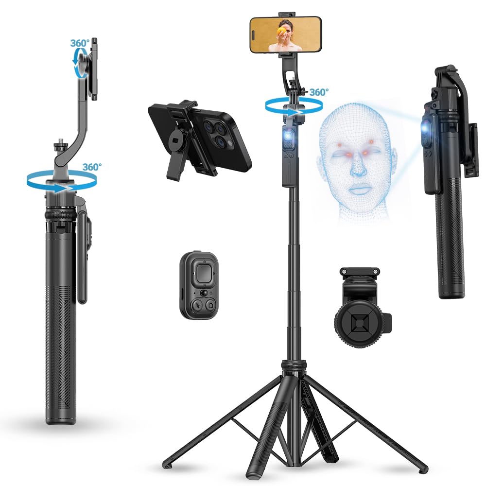 AI Face Tracking Tripod with Gesture Control, 360° Rotating Selfie Stick, Adjustable Stand for iPhone & Android, Great for Video Recording, Content Create, Live Streaming (68-Inch)