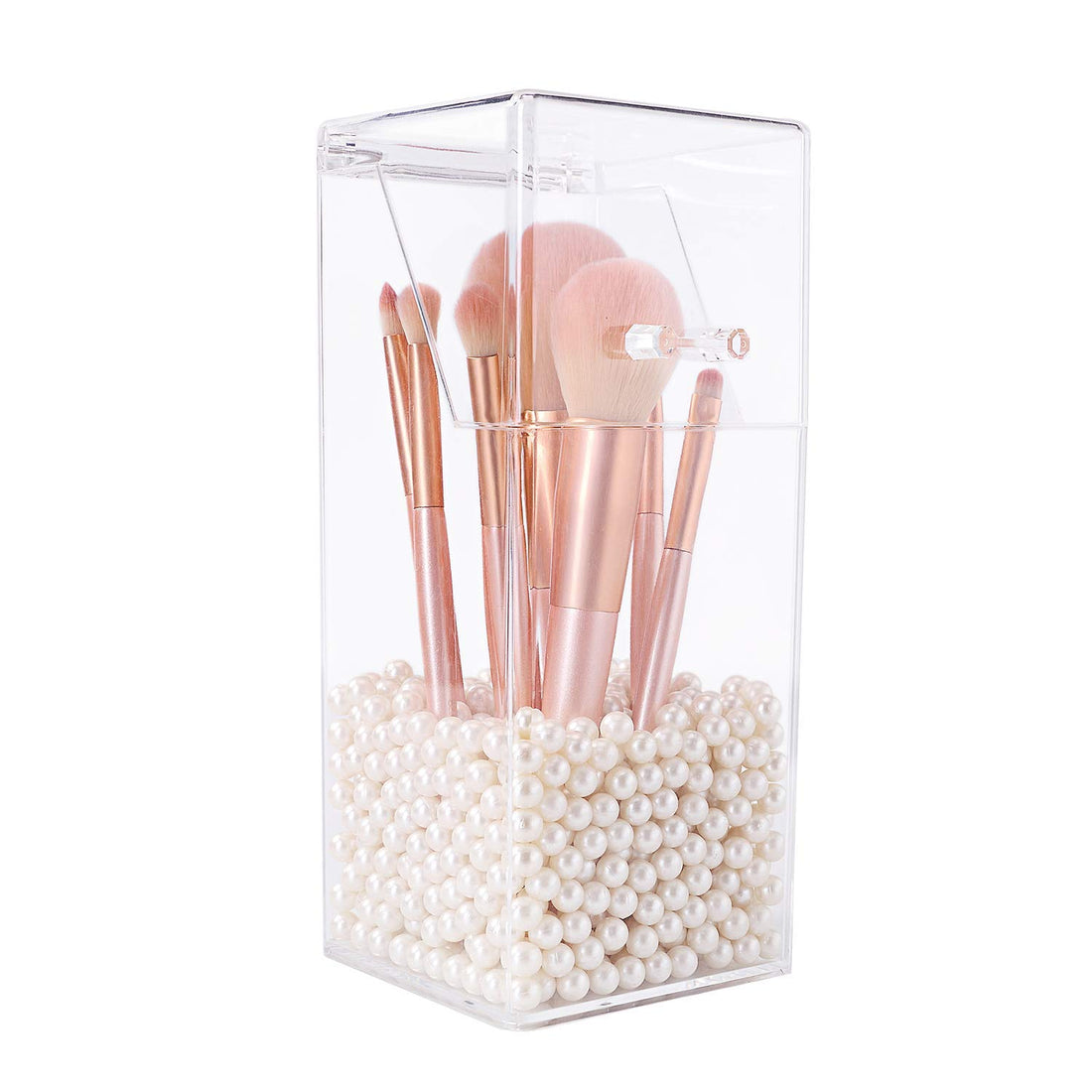 OFRANK Makeup Brush Holder,Clear Acrylic Cosmetic Brushes Organizer with Lid and Pearl for Storage Brushes, Dressing Tables and Vanity (White Pearl Included)