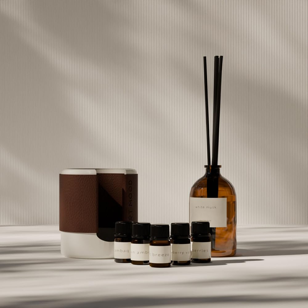 ARTMOOD HOME White Musk Reed Diffuser Gift Set, 100ML Oil Refill with Concrete Holder, 7 Fiber Sticks and Fragrance Samples, Long-Lasting Home Scent for Modern Interiors