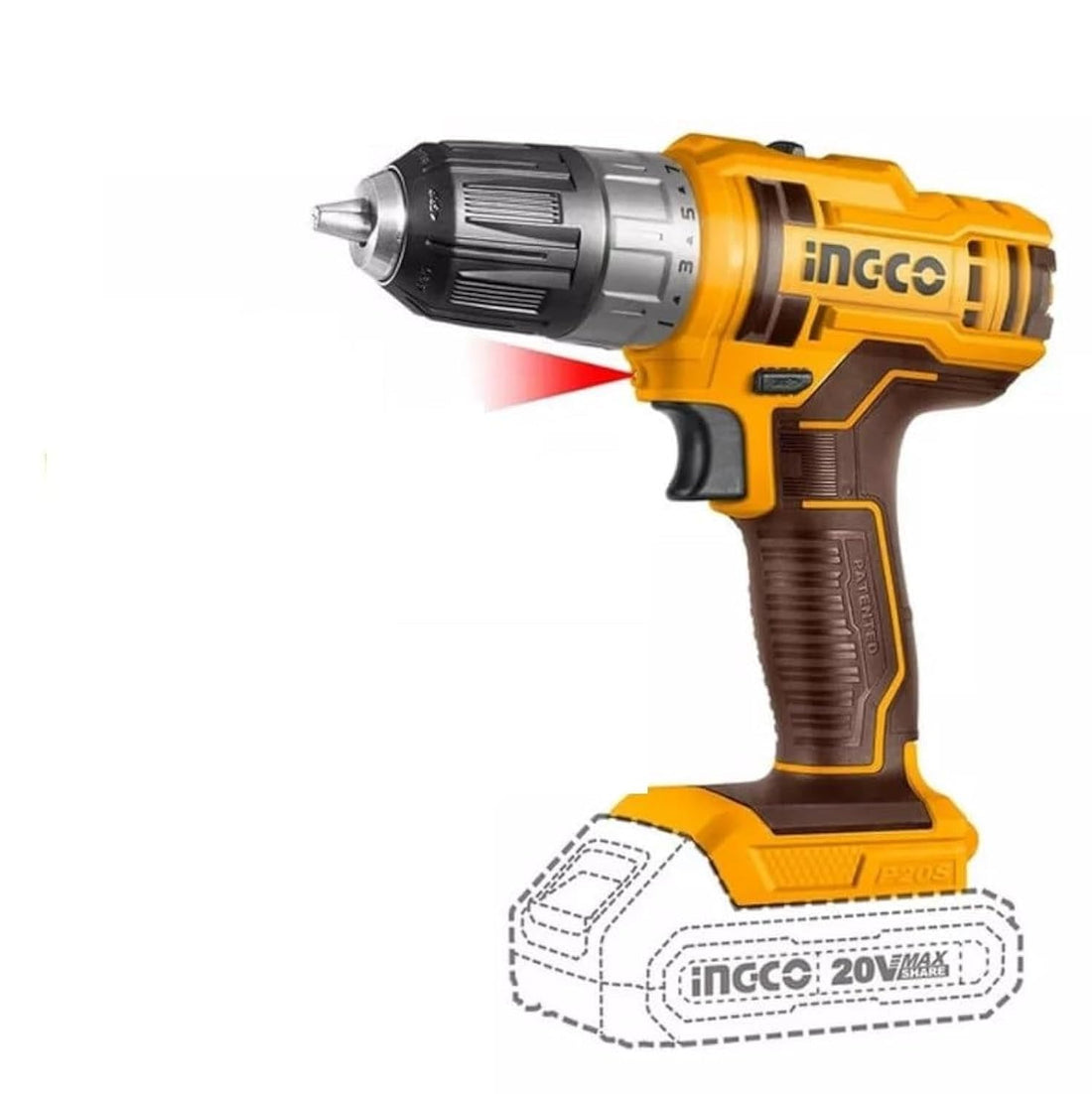 INGCO 20V Cordless Drill, 45Nm Torque, 2-Speed Gearbox, Spindle Lock, Without Battery & Charger