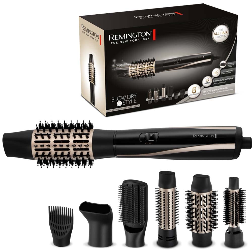 Remington Hair Dryer Brush [incl 6 Attachments, 25,38,50 mm, Straightening Brush, Blow Nozzle] Blow Dry & Style AS7700
