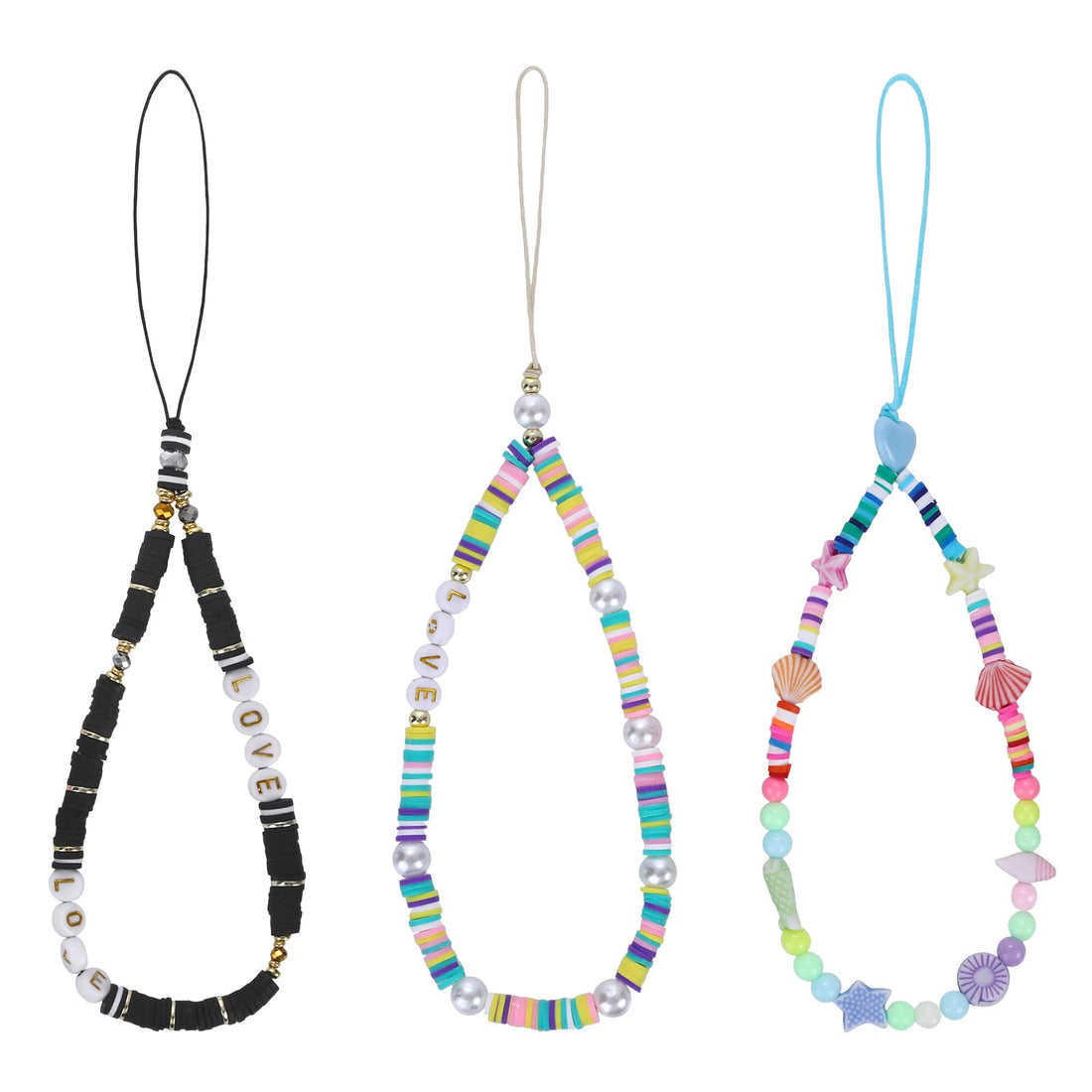 Sibba 3Pcs Colourful Phone Lanyard Wrist Straps Beaded Phone Charm Love Heart Star Letter Clay Beads Cell Phone Strap Handmade Mobile Phone Chain Cute Bracelet Keychain for Women Girls
