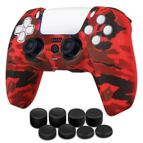 TNP Products Controller Case for PS5 Silicone Controller Skin for Dualsense Cover + 8 Pro Thumb Grips Set Sony Playstation 5 Skins Accessories Camo Red with Ergonomic Textured Grip