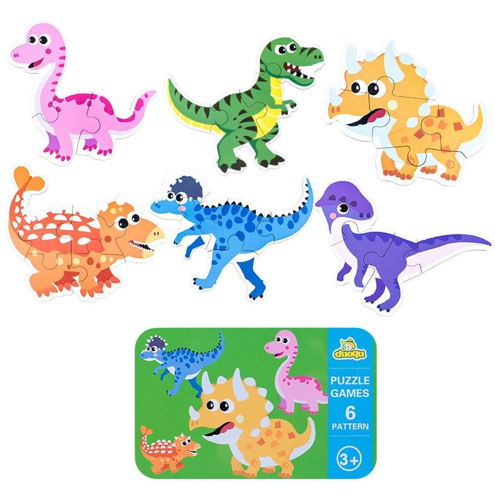 Toddler Puzzles in Tin Box, Educational Preschool Jigsaw Games for Kids Ages 3-5, Montessori Learning Toys for Boys and Girls, Animal Dinosaur Vehicle Themes (Dinosaurs)