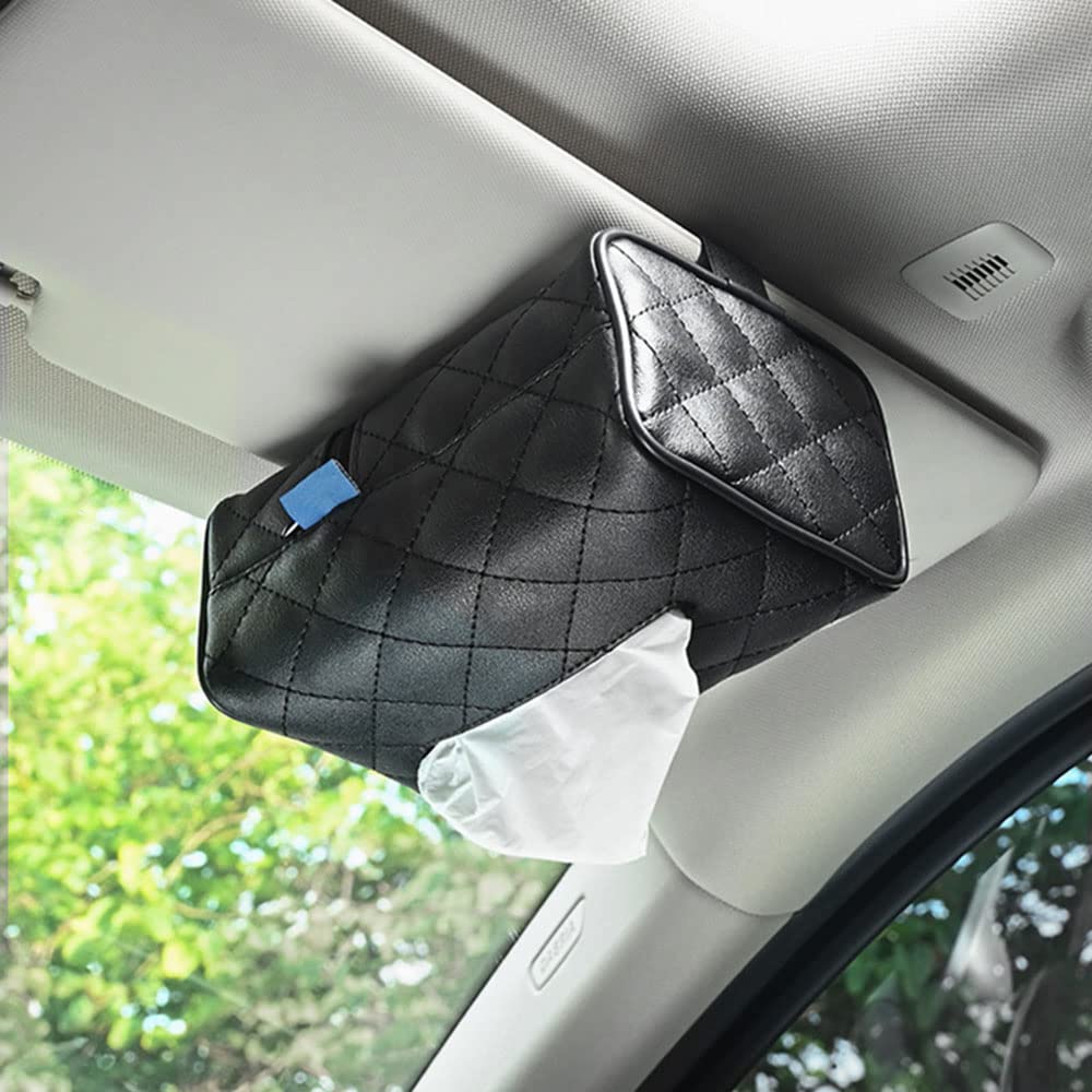 TDOO Car Tissue Holder, Leather Car Sun Visor Tissue Case Holder Paper Towel Bag Cover, Back Seat Headrest Hanging Napkin Clip, Black (Black-P)