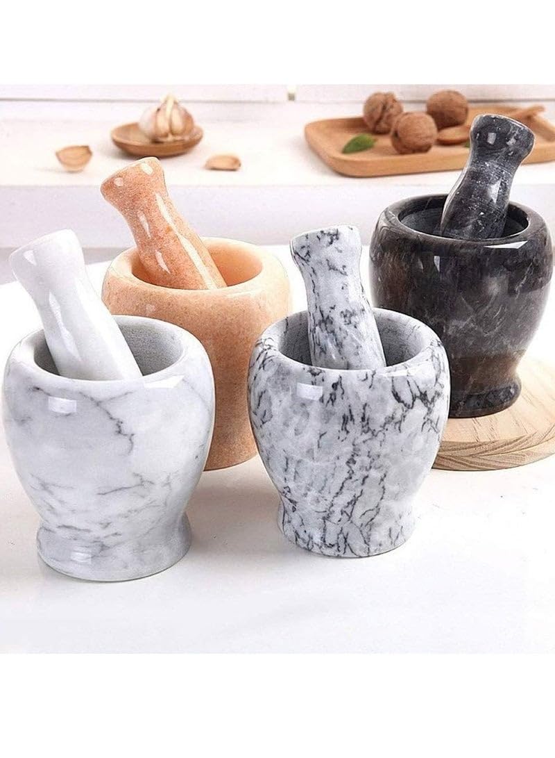 Heavy natural marble mortar for grinding spices and garlic, elegant design and stable base