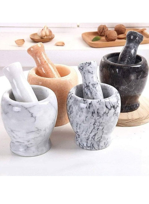 Heavy natural marble mortar for grinding spices and garlic, elegant design and stable base