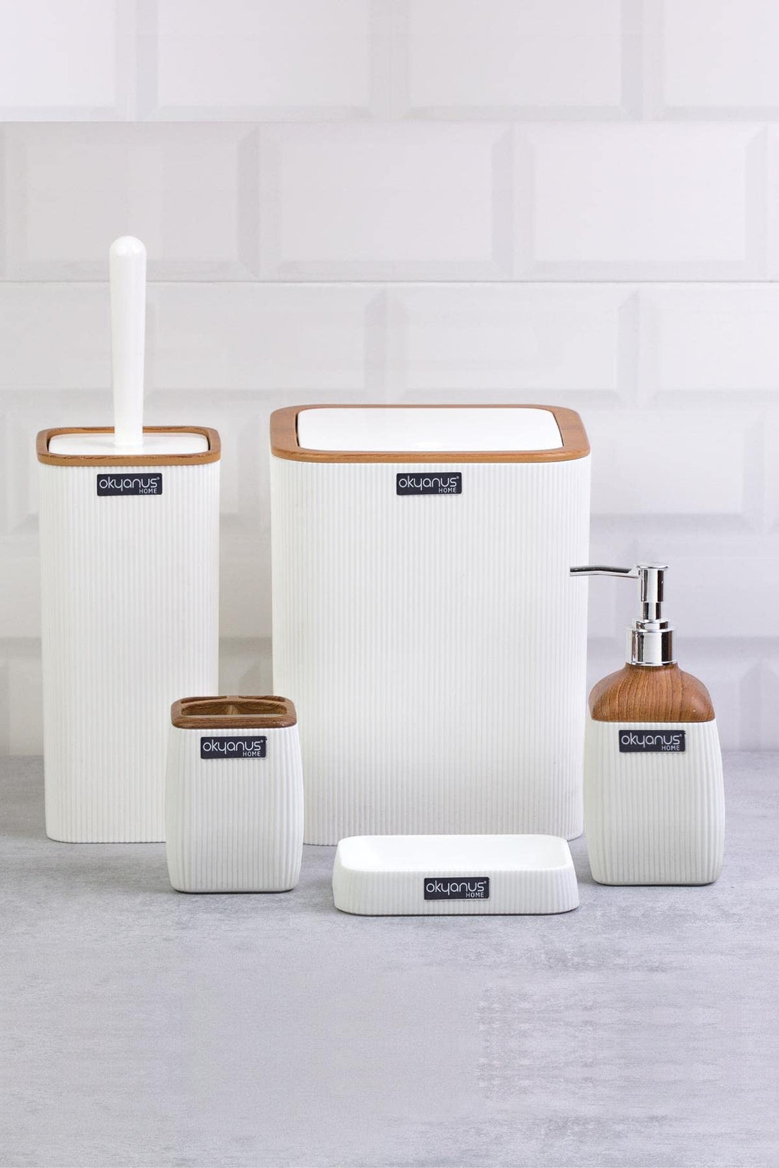 Okyanus 5-Piece Bathroom Set Ribbed Square (Wood) Black, OKY-501-3-S-Multicolor