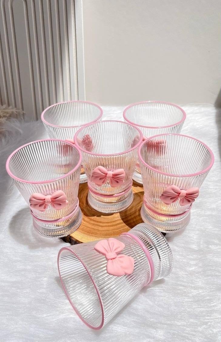 Ribbed Glass Cup Set, Clear with Pink Bow Detail, for Juices, Iced Coffee and Cold Drinks, 6 Pieces, .Ais
