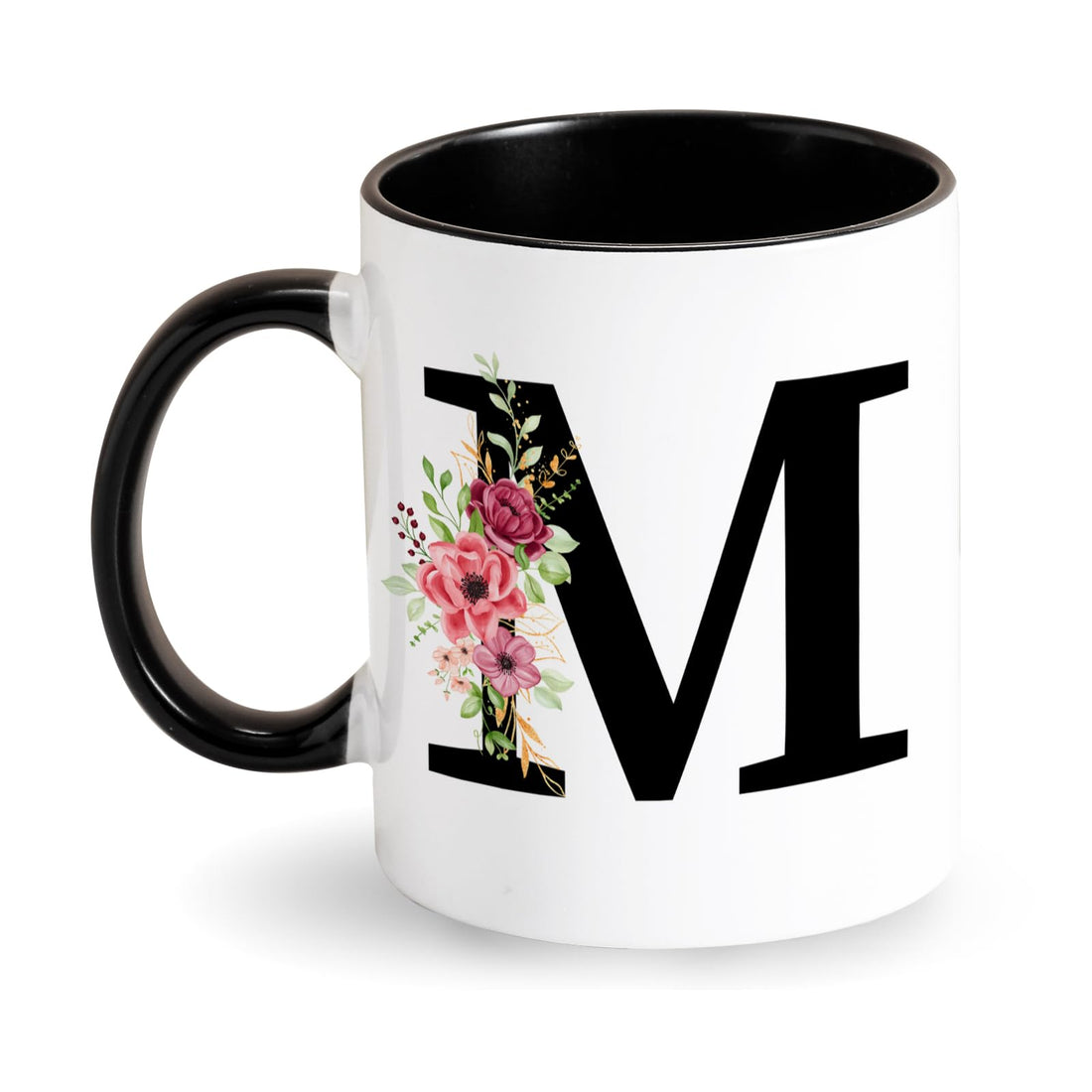 Tarklanda Initial Personalised Alphabet Mug With Flower Pattern - Letter Mug Gift for Women, Black Ceramic - Birthday, Christmas (M)