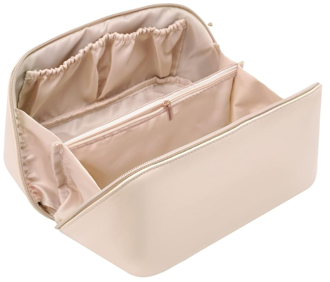 Monument Travel Makeup Bag,Large Capacity Cosmetic Bags for Women Waterproof PU Material with Handle and Divider Makeup Bag (Pink)