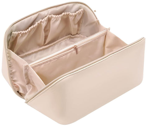 Monument Travel Makeup Bag Large Capacity Cosmetic Bag for Women Waterproof Pouch Open Flat Toiletry Bag Make Up Bag Cosmetic Organizer with Divider and Handle Cosmetic Travel Bag Brown 23x10.5x13 CM,