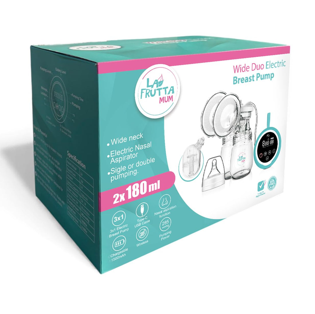 Wide Duo Electric Breast Pump, Double Pumping with Nasal Aspirator SET, 2x180ml Bottles, 285mmHg Suction, LED Display, BPA-Free, USB-C Charging