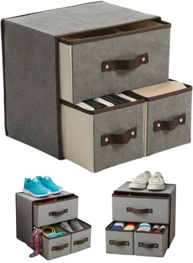 3 Drawer Fabric Storage Organizer Foldable Linen Storage Box â€“ 2 Layer Closet Organizer with Drawers for Underwear, Bras, Socks, Baby Items, Toys & Cosmetics â€“ Space Saving Fabric Storage Unit for