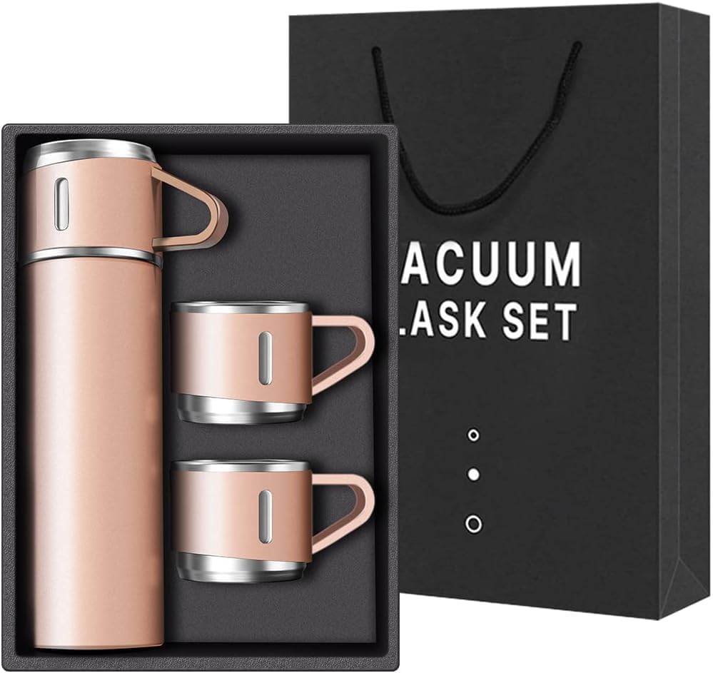 Vacuum Cup Set, 304 Stainless Steel Vacuum Cup 500ml with 3 Cups, Hot and Cold Drinks, Leakproof, Perfect Gift (Pink)
