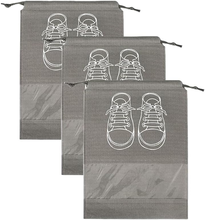 Circle M 3-Piece Large Waterproof Shoe Storage Bags: Dustproof Drawstring with Window – Grey