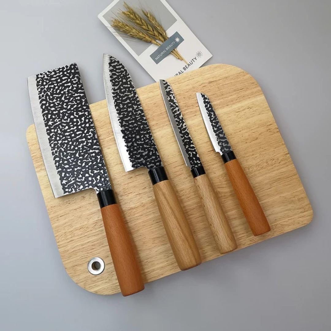 Professional Kitchen Knife Set with Black Granite Stone Pattern, Wooden Handles, 5 Pieces with Wooden Cutting Board