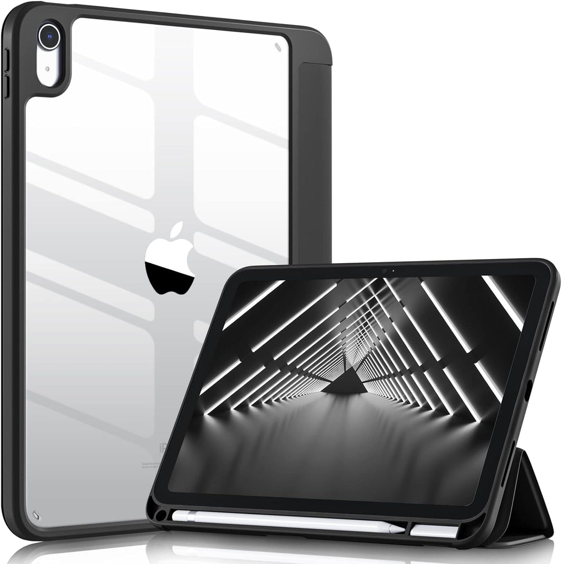 Durable Case Compatible with iPad - 2 Inch (9.a/8.a/7th Generation, 2021/2020/2019) with Pencil Holder, Clear Transparent Slim Back Case Stand Anti-Shock Tablet Cover (Black)