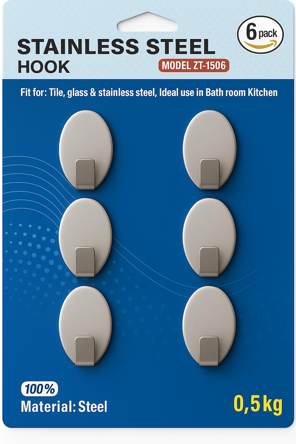 Heavy-Duty Steel Adhesive Hooks (Model ZT-1506) – Pack of 6, Rustproof Wall Hooks for Bathroom, Kitchen, and Office, Up to 0.5 kg Load, No-Drill Self-Adhesive Design (Oval)