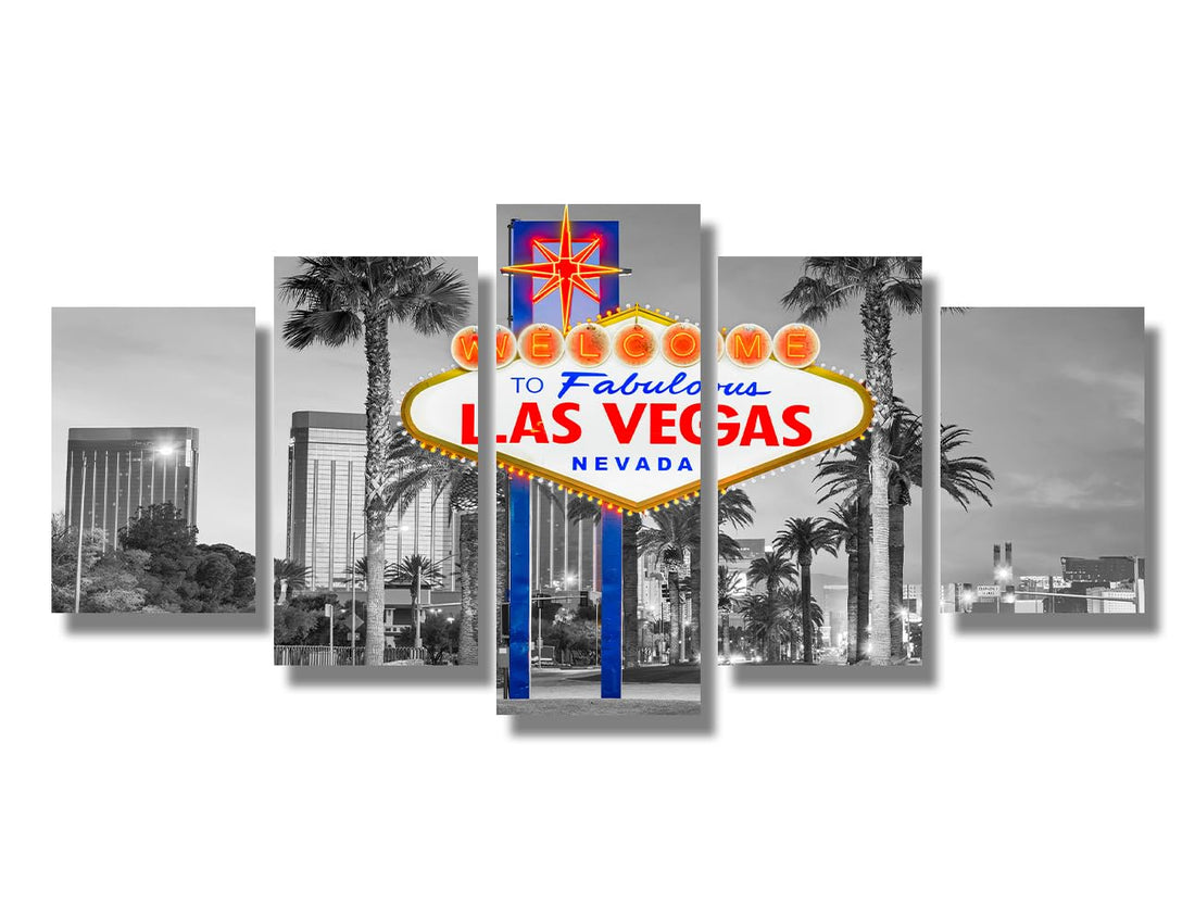5 Pieces Las Vegas Skyline Wall Art for Living Room - Nevada Cityscape Canvas Home Decor - Panorama Pictures of City Building - Black and White Skyscraper Posters & Prints Framed 20X40INCH