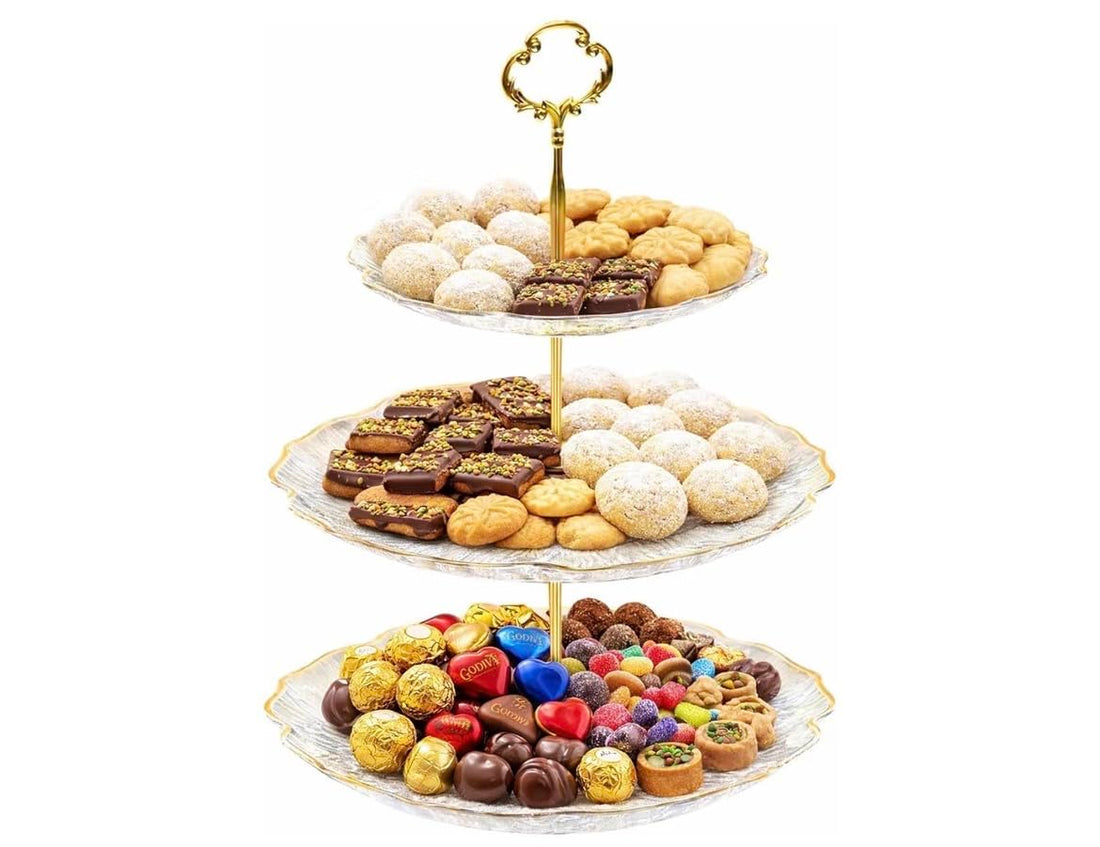 3 Tier Acrylic Kahak Chalet Shatterproof Serving Kahak, Biscuits and Desserts, Large, Gold or Silver Edges