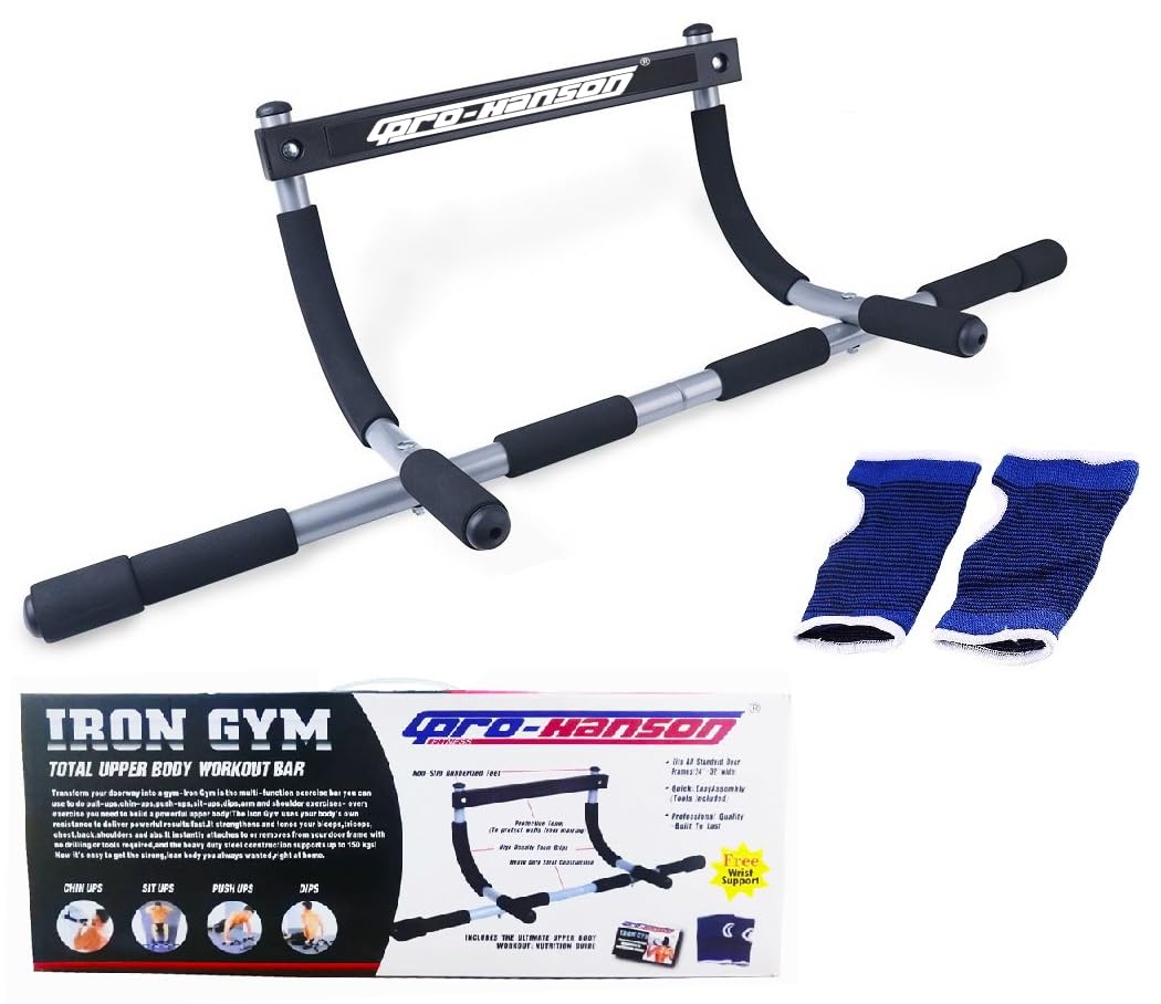 Pro-Hanson Fitness Iron Gym Total Upper Body Workout Bar for Doorway Free Wrist Support, 150KG