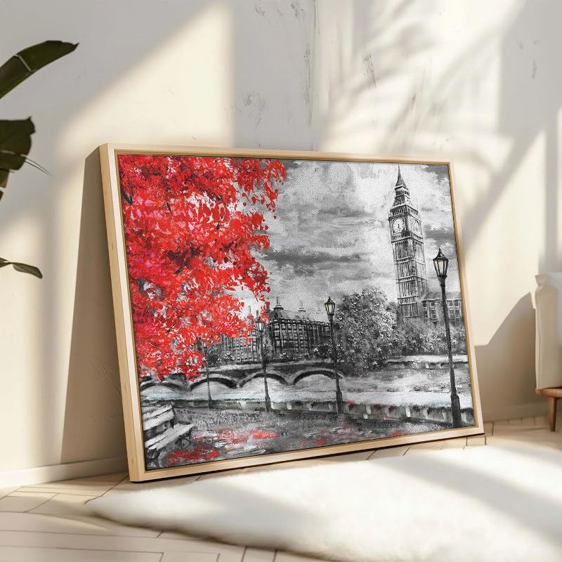 Abstract framed portrait of big ben and red tree 60x40