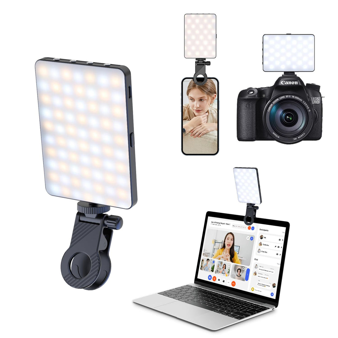 ETENTOUS Selfie Light with Clip, 80 LED Video Light, Dimmable 3000K-9900K Mobile Phone Light, Built-in Rechargeable Batteries CRI 95+, 3 Light Modes, Portable Camera Light with Cold Shoe Mount for