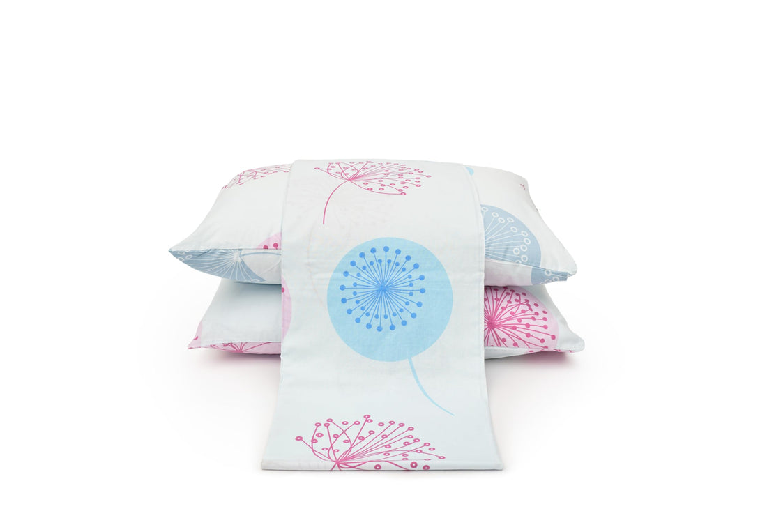 Printed Bed Set - 3 Pieces for Single Bed - 1 Flat Sheet (180cm*260cm) + 2 Pillow Cases (50cm*70cm) - Blended Cotton - Geometric Flowers Baby Blue - 805