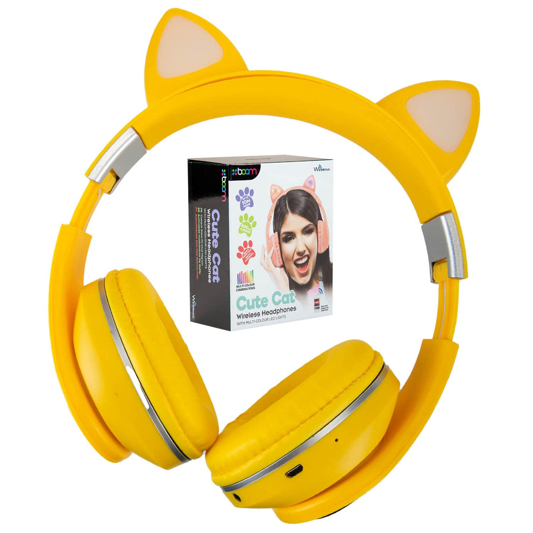 Yellow Cat Wireless Headphones Cute Pastel Ears, Padded & Foldable - Boom