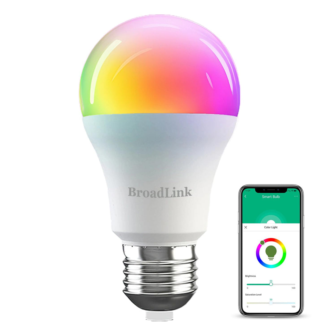 BroadLink - Smart Bulb, 10W RGB Dimmable, 800lm, Wi-Fi LED, Color Changing, E27 A60, Works with Alexa, Google Home, Siri and IFTTT, No Hub Required