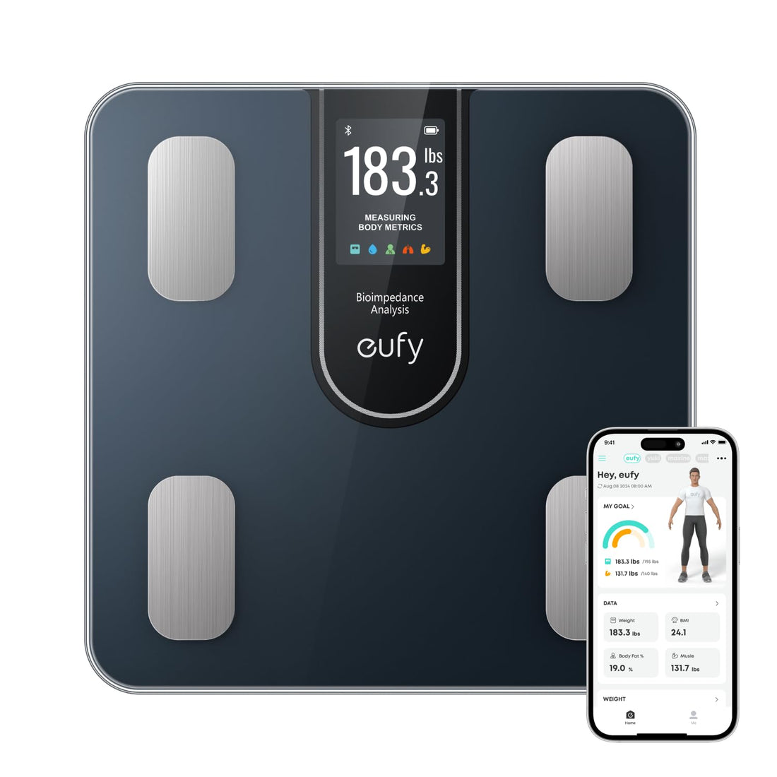 eufy Smart Scale C20: Body Weight, Wi-Fi Fitness Tracking, 3D Virtual Body, Bluetooth Scales with Emojis, 16 Measurements, Heart Rate, BMI, Black, Metal, Floor Scale