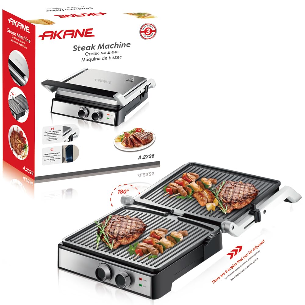 AKANE A.2326 2000W 180° Opening Electric BBQ Grill, Smokeless Indoor Barbecue Griddle, Non-Stick Plate with Adjustable Temperature Control, Double-Sided Cooking, Easy Clean Kitchen Grill