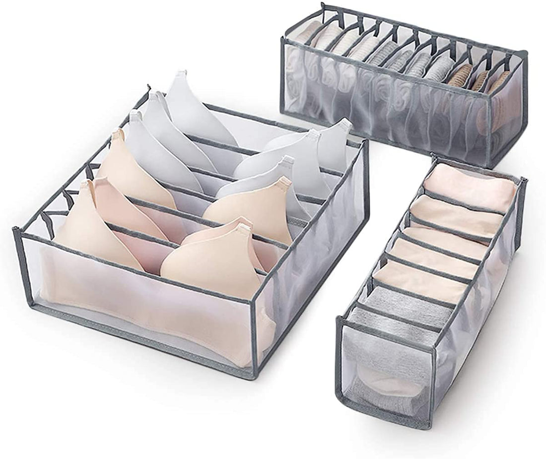 Generic House of Quirk Underwear Drawer Organizer For Underwear, Bras, And Socks, Or Closet Storage Bags 3 Pieces Of 6/7 /11 Compartments (Grey)(Nylon)