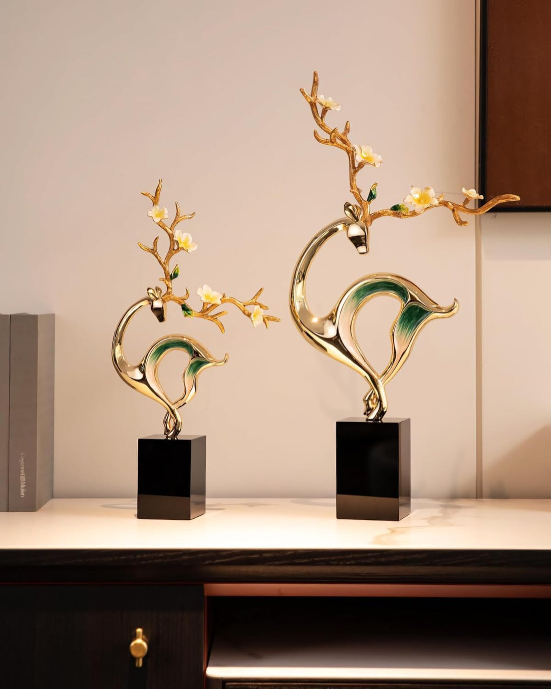 Wadi Misr Deer Statue Import Export 2 Pieces Home Office Decor Creative Metal Sculptures with Crystal Base Perfect Tabletop Decoration for Living Room