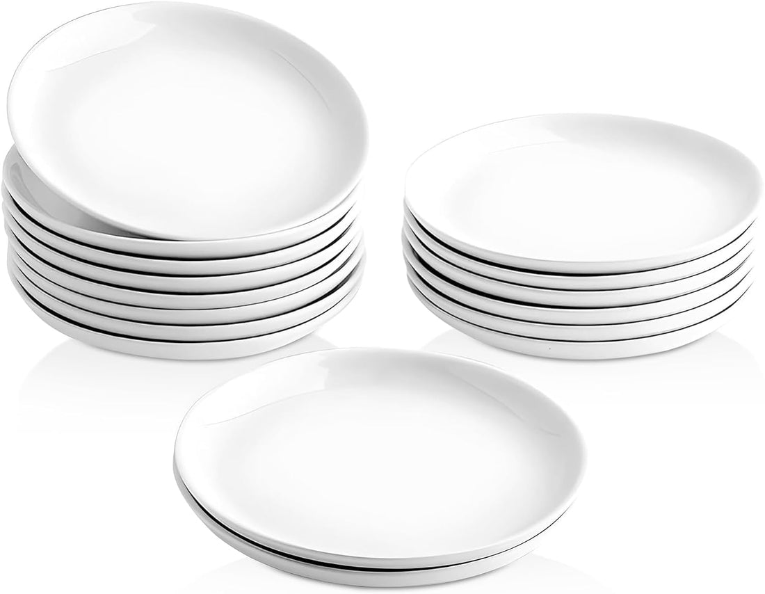 14 cm Dessert Plates Porcelain Set of 16 - White Cake Plates - Breakfast Plates for 16 People - Small, Flat Plates - Mini Dinner Plates for Pasta, Fruit, Bread, Appetizers - Dishwasher Safe