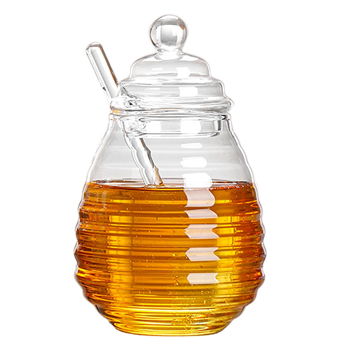 hiwafifi Glass Honey Jar with Dipper and Lid, 14 oz Heat Resistant Honey Pot, Coffee Bar Decor