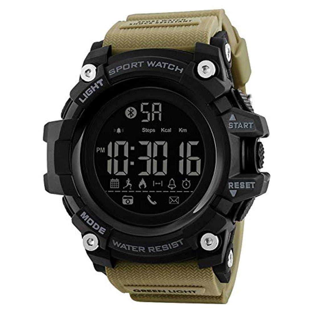 SKMEI Waterproof Watch with Pedometer, Calories, Sleeping Monitor, Call Remind Smartwatch (Khaki, 50m)
