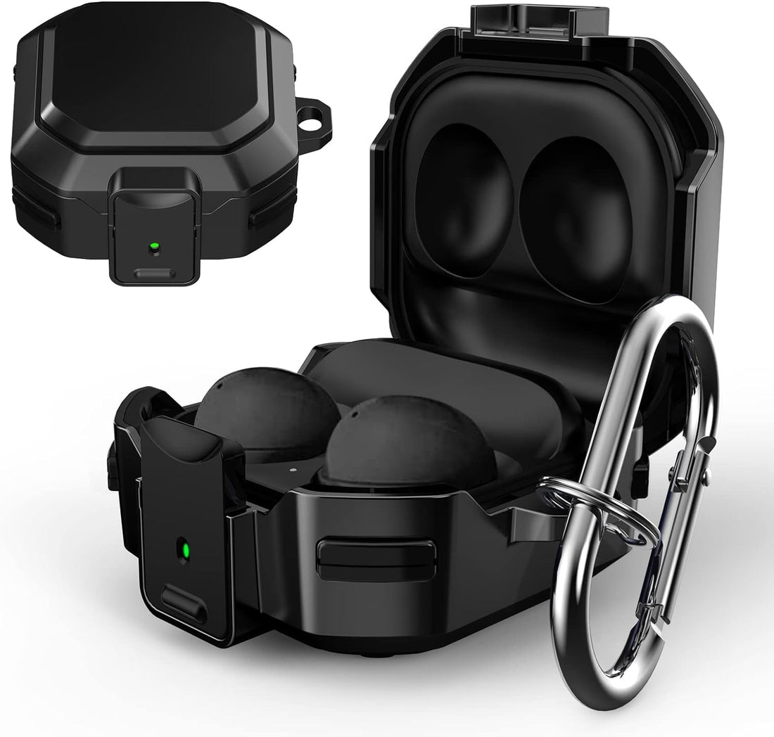 ELMO3EZZ Armor Case for Samsung Galaxy Buds Pro Case/Galaxy Buds 2 Case/Galaxy Buds Live Case with Security Lock Heavy Duty Shockproof Protective Case with Carabiner for Samsung Earbuds Case/Black