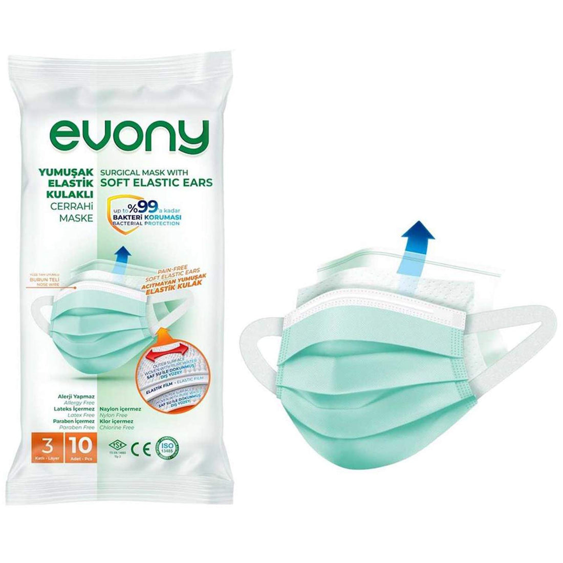 Evony - 99% Protection, Pain-Free Soft Elastic Ears for Everyone, Cottony Soft Outer Surface, Elastic Film and Nose Wire - 3 Layer and 10 Pack