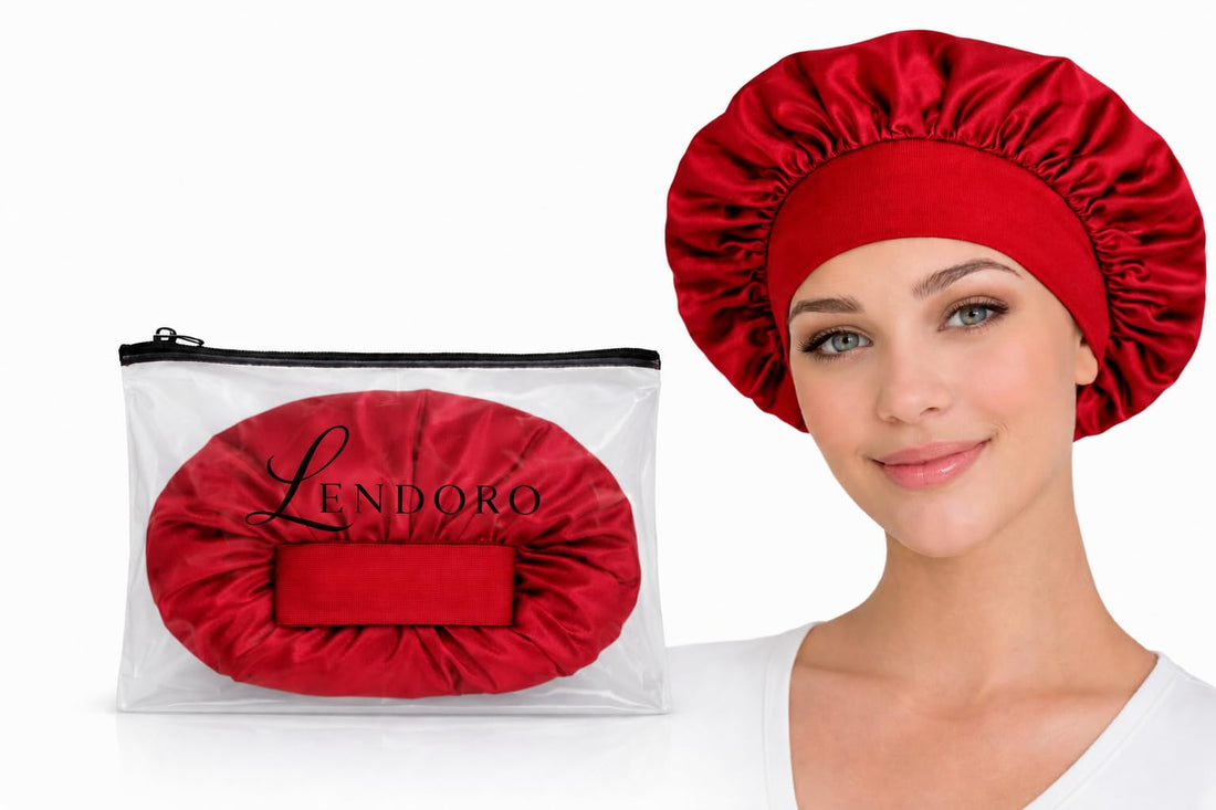 LENDORO Satin Bonnet for Hair, Silky Fabric, Wide Stretchy Band, Protects from Frizz, Breakage and Tangles, Red