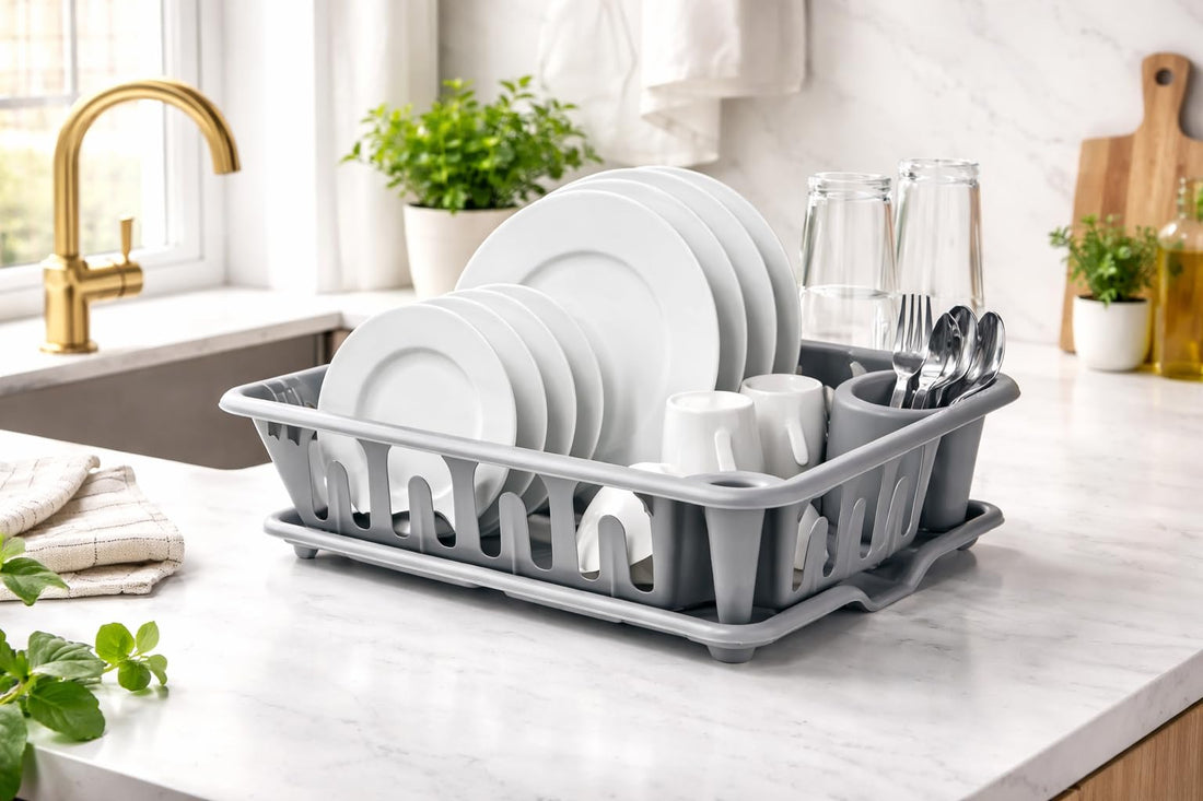 XPY-V9 Kitchen Essentials Dish Drying Rack With Base, H.Quality Plastic Dish Dryer & Cutlery, Dish Drying Rack with Drain Tray, Sink Strainer for Kitchen, Organizer for Dishes, Spoons, Cups (Grey)