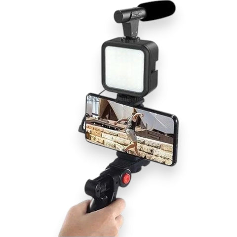 Mobile Phone Stabilizer for Video Shooting, Tripod Stand for iPhone, Android, Mini LED Ring Light+ Microphone+ Phone Clip for Live Streaming, Video Calling, Vlogging, YouTube, Instagram